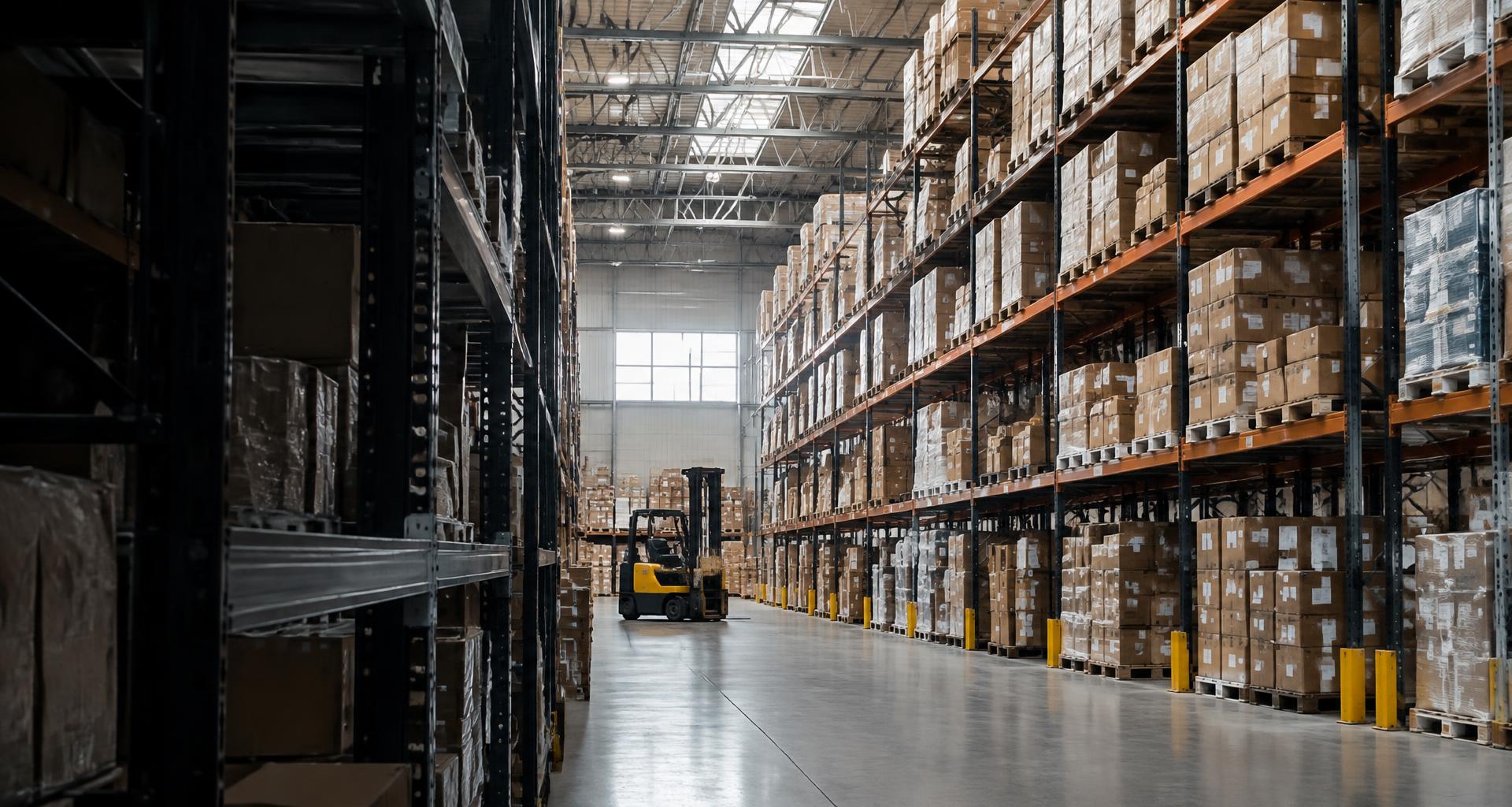 Warehouse shelves stocked with distribution cartons